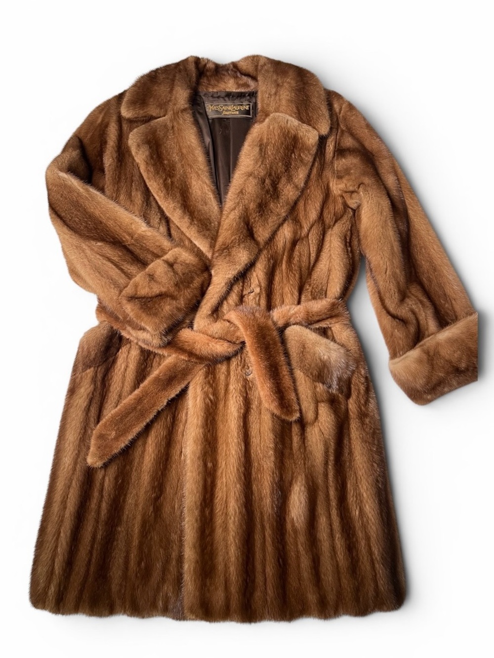 YSL Yves Saint Laurent Mink Midi Coat M/L Belted Modern Silhouette Excellent